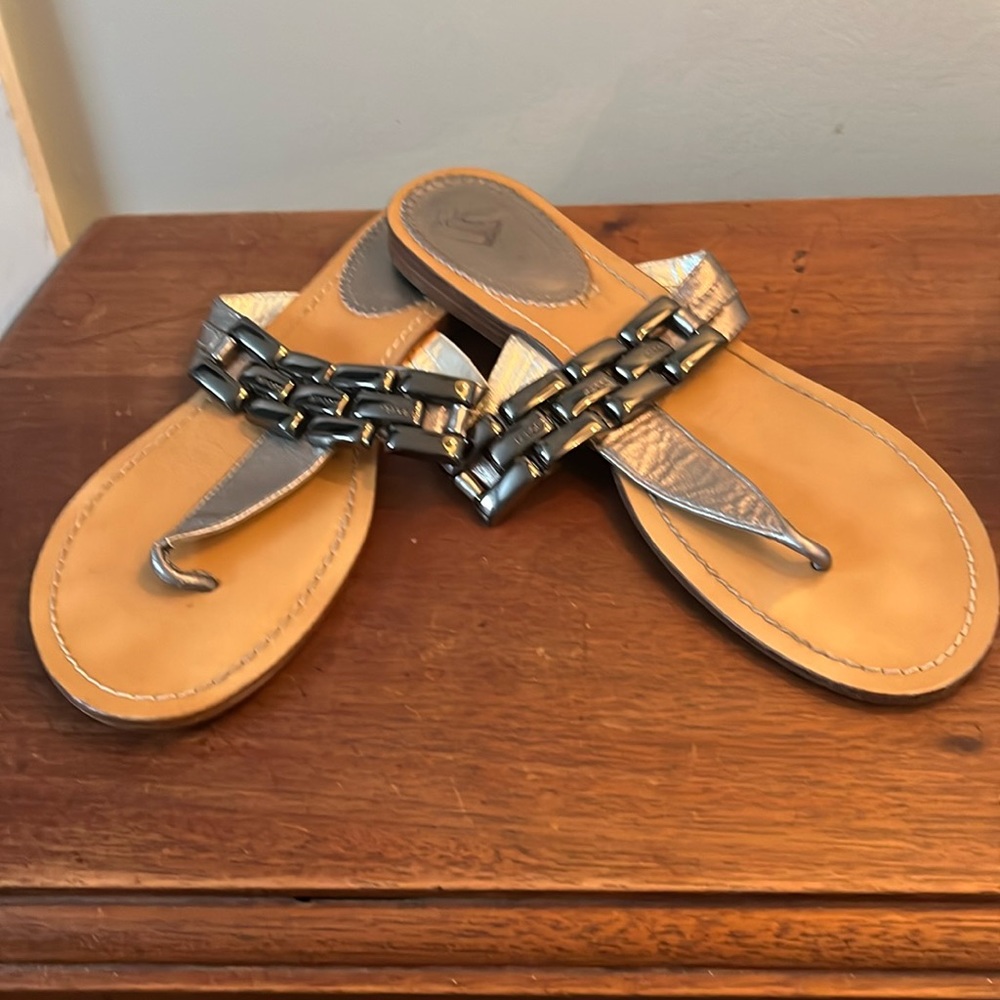 Report size eight leather thong sandals. Beach, spring, holiday, summer